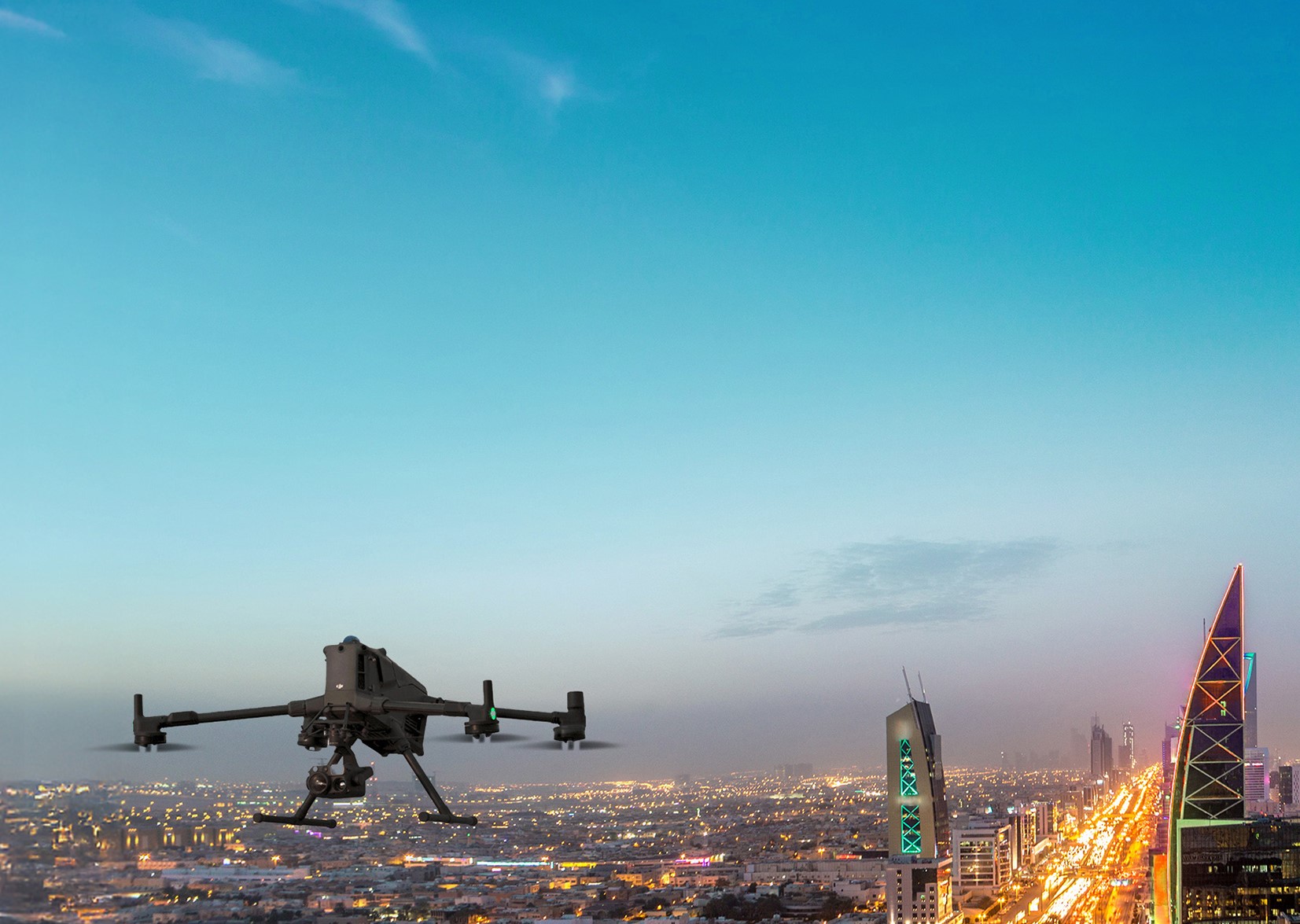 City skyline with drone