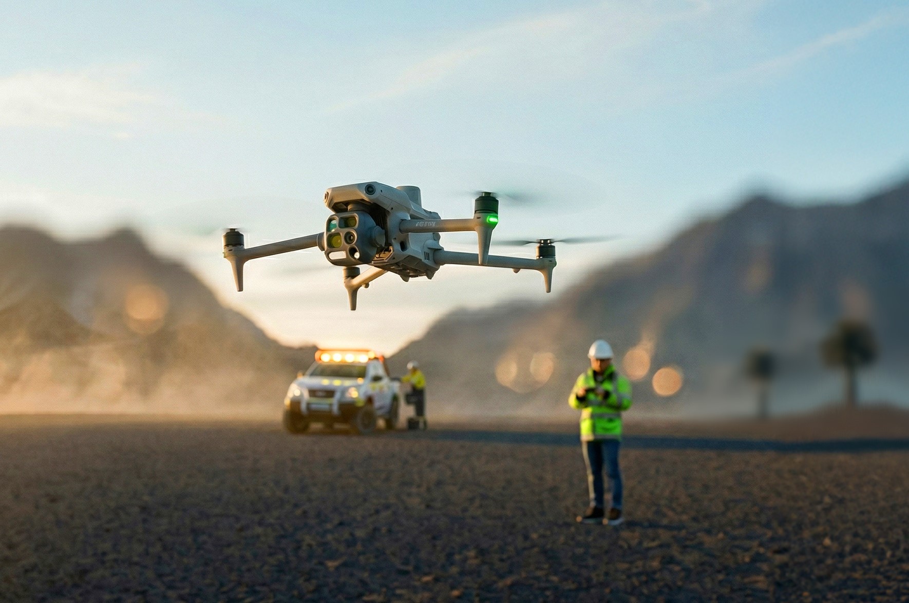 City skyline with drone